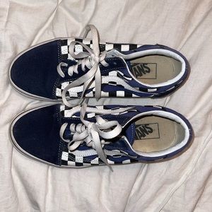 blue flame/checkerboard vans, worn, 7.5 men 9 womens